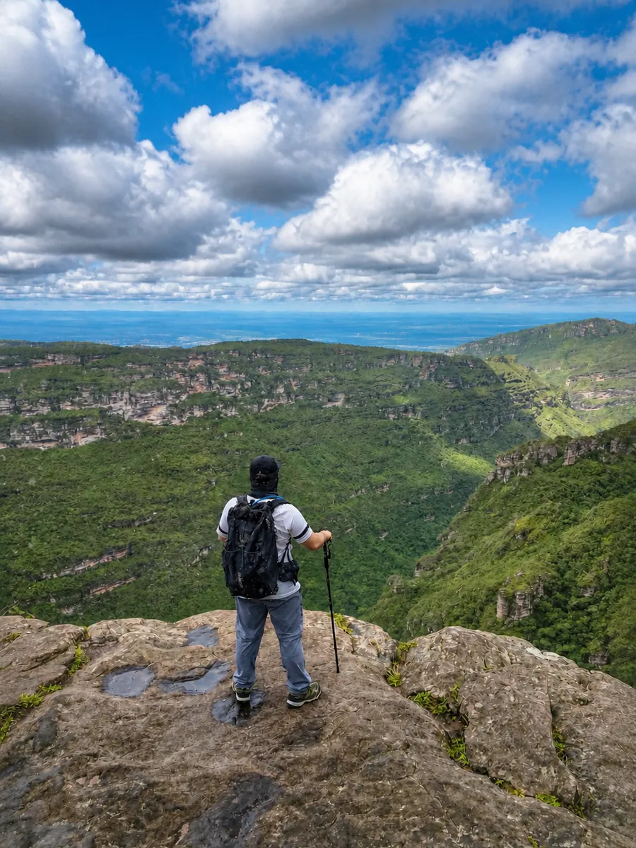 No caminho da Cachoeira da Fumaça, o temporizador ajuda a aparecer na paisagem sem transformar a foto em ensaio.