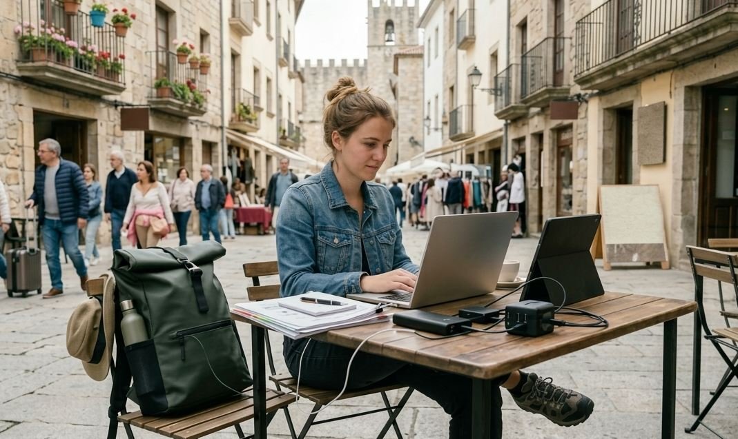 Mulher trabalha em notebook em uma mesa na rua.